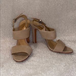 Tan triple strap 4 inch heel